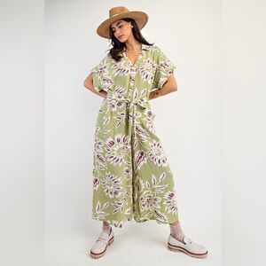 easel Olive Green Floral Wide-Leg Jumpsuit